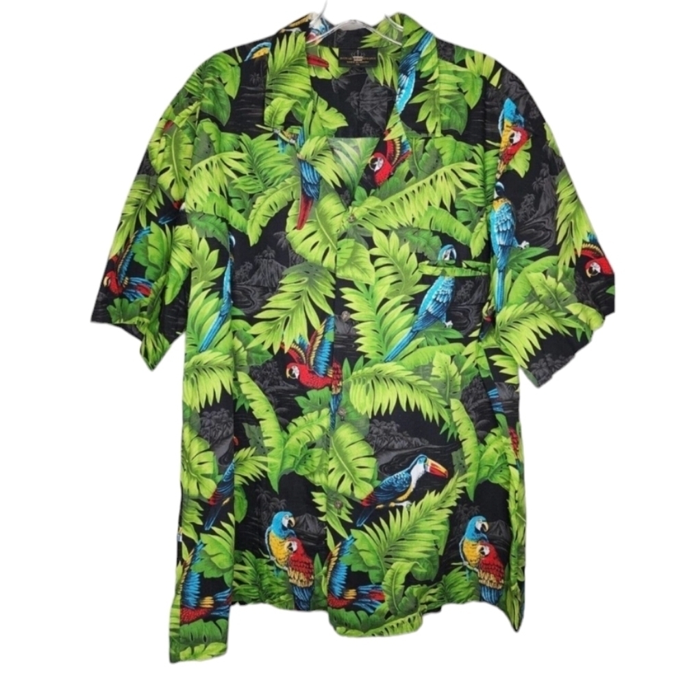 Vintage Royal Creations Tropical Palm Leaves Parrots Casual Vibrant Shirt Men XL
